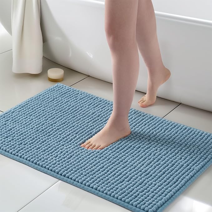 FRESHMINT Thick Chunky Chenille Bathroom Rug, Stone Blue, 24"x36" | Non-Slip Backing, Water Absorbent Surface, Machine Washable Care, Cushioned Comfort, Bathroom Floor Use