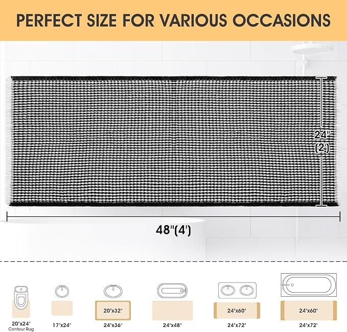 Waffle Bath Mat Black & Cream 4'x2', Boho Woven Modern Bath Mat Rugs, Absorbent Non Slip Bathroom Rugs, Soft Washable Bath Rugs with Tassels for Bathroom, Bedroom, Kitchen, Shower, Tub