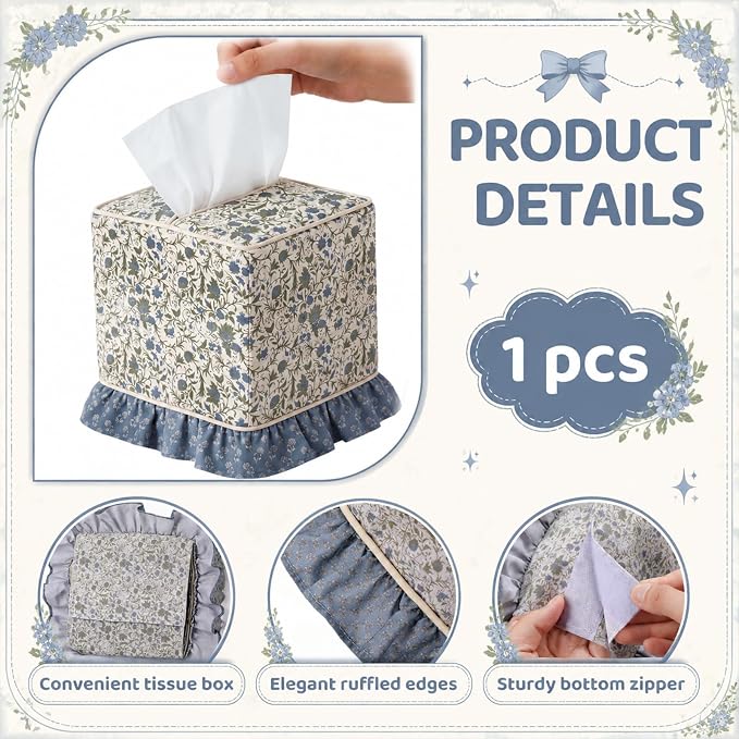 Hushee Cottagecore Ruffle Tissue Box Cover Floral Print Tissue Box Handmade Cotton Square Napkin Holder for Home Bedroom Living Room Bathroom Vanity Countertop Car Office Kitchen (Dark Blue)