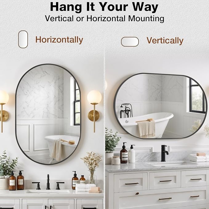 24"x32" Black Oval Bathroom Mirror for Over Sink, Vanity Wall Mirror | Tempered Glass, Clear Reflection, Rust-Resistant Aluminum Frame, Vertical or Horizontal Wall Mount, Bedroom and Entryway