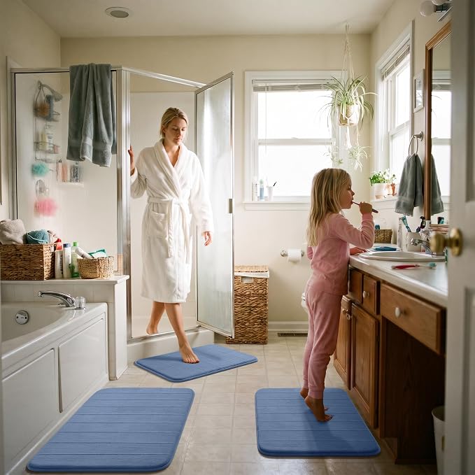 Yimobra Memory Foam Bath Mat Set 3 Pieces- Super Soft Absorbent Quick Dry Bathroom Rug Sets, Machine Washable Non Slip Floor Carpet for Tub Shower, Vanity & Toilet Base, Denim Blue