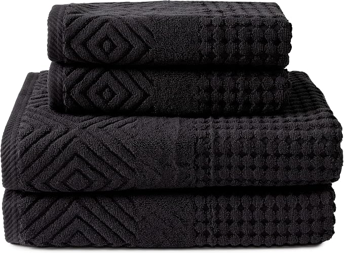 Texere 100% Organic Cotton Jacquard Towel Sets (Black (Diamond), 2 Bath & 2 Hand Towels)