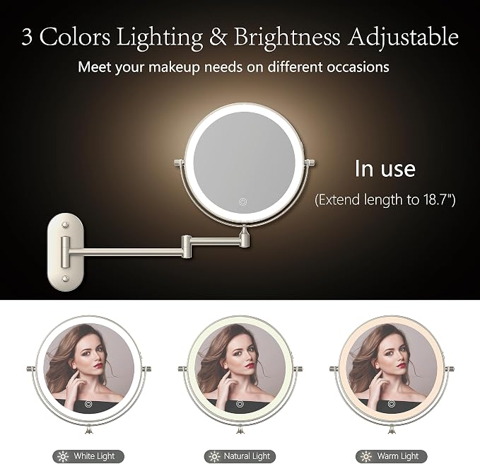 8" Wall Mounted Makeup Mirror,Oval Base, 10X, Brushed Nickel | Rechargeable Lighted Makeup Vanity Mirror,Double Sided Dimmable,Magnifying,3 Color Lighting,360 Rotation Shaving,Women Gift