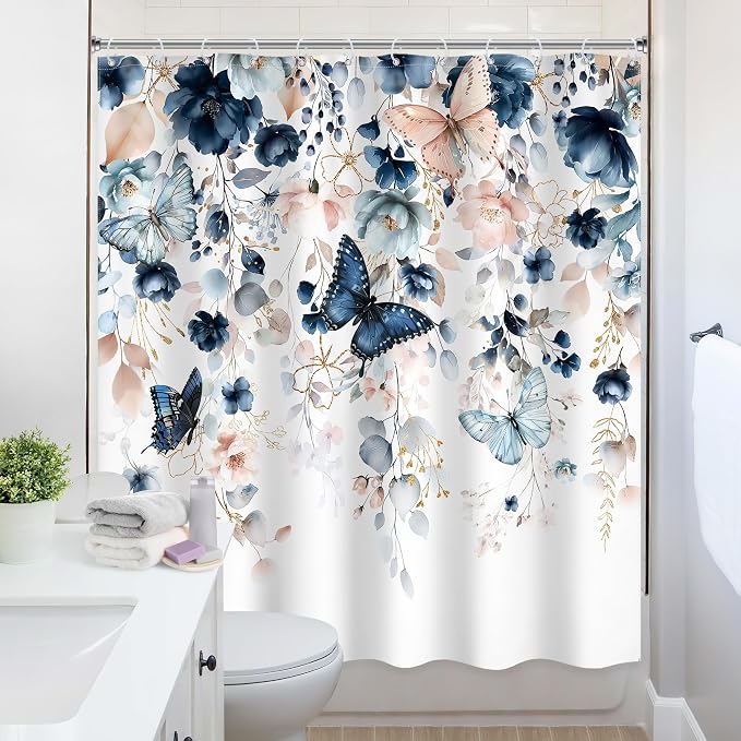Extra Long Blue Pink Floral Butterfly Bathroom Shower Curtain Set | 72"W x 78"L Spring Summer style, clear shower print, fast-dry fabric and hooks for a simple bath update.