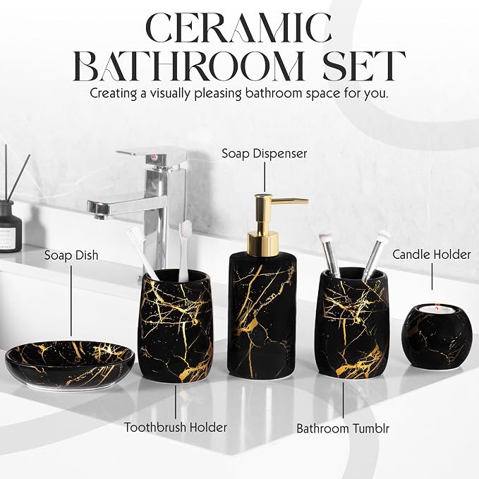 Ceramic Bathroom Accessory Set, 5-Piece Bathroom Accessory Set, Soap Dish, Toothbrush Holder, Soap Dispenser, Bathroom Tumbler & Candle Holder - Modern Bathroom Organizer, (Black & Gold)