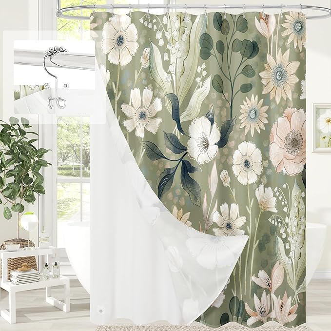 MitoVilla 3 in 1 Long Boho Floral Shower Curtain Set-72 W x 78 H, Green Spring Shower Curtain and Waterproof Fabric PEVA Liner Set with 12 Stainless Steel Hooks