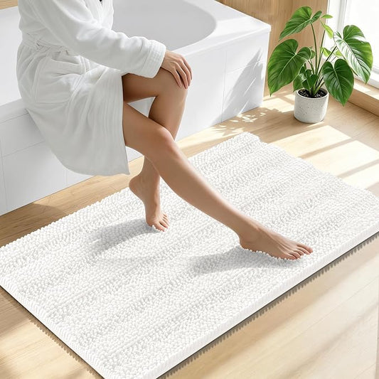 Smiry Thick Chenille Large Bathroom Runner Rugs 40x24, Soft Bath Mat, Ivory | Quick‑Dry & Machine Washable, Non‑Slip Bath Carpet, Striped Bath Rugs for Tub & Shower, Modern Home Decor Accessories