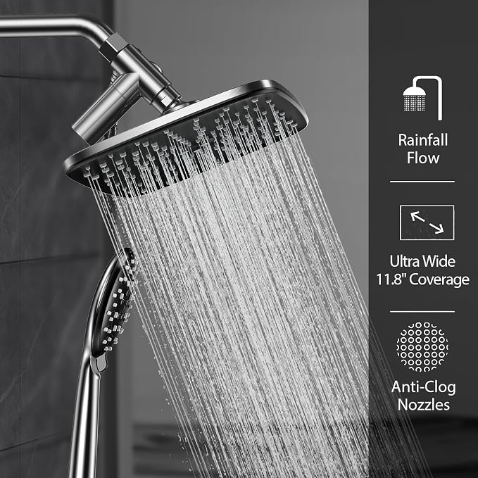 Veken 11.8“ Rain Shower Head with Handheld,Dual High Pressure Shower Heads | Easy Pause,5-mode Hand Held Spray with Hose,Wide Detachable Rainfall,Double Showerhead Combo,Bathroom Accessories,Chrome