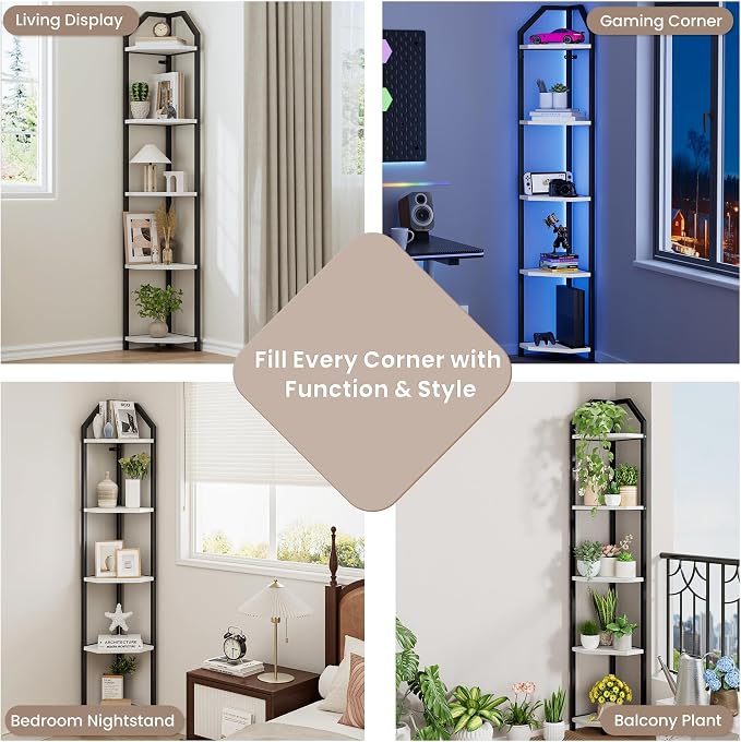 5-Tier Corner Shelf | 70 Inch Tall Bookshelf & Plant Stand, Heavy Duty Storage for Home Office & Living Room - White