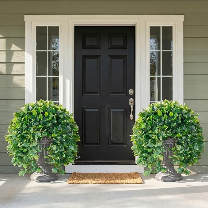 Faux Outdoor Plants Fake Hanging Plants for Outdoors Outside Decorations, 2 Pcs Green Faux Pothos Plant Vines Realistic UV Resistant Artificial Greenery for Planters Porch Garden Yard Front Door Patio