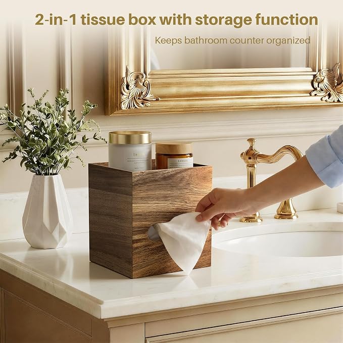 Square Tissue Box Holder with Storage Tray Tissue Box Cover, Tissues Cube Boxes Cover for Nightst, Dining Table, Dressing Table, Tea Table, Coffee Bar (Brown)