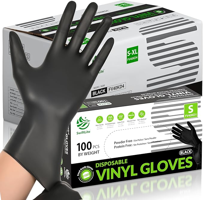 Black Vinyl Gloves, Food Grade Gloves Disposable Latex Free & Powder Free, Guantes for Cleaning Cooking Food Prep