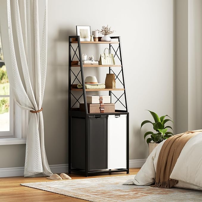 Herture Laundry Basket, 2 Section Laundry Hamper with 4 Tiers Shelf, Pull-Out and Removable Laundry Bags, Large 2 x 15.87 Gallons, for Bedroom Bathroom Rustic Brown PF11XLN