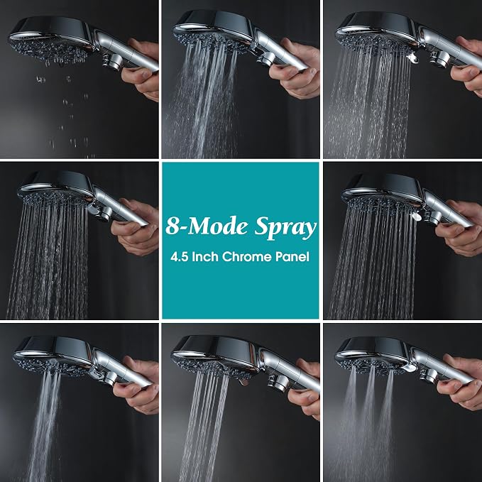 GwernKB Handheld Shower Head with On Off Switch 8-Mode High Pressure Showerhead with 79 Inches Extra-long Stainless Steel Hose and Bracket PLUS Extra Low-Reach Adhesive Wall Mount for Kids,Silver…