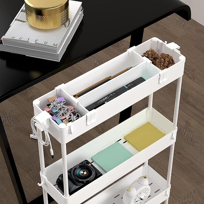 Slim Storage Cart 4 Tier,Bathroom Organizer Rolling Utility, Mobile Shelving Unit Slide Out for Office, Kitchen, Laundry Room & Narrow Places,White