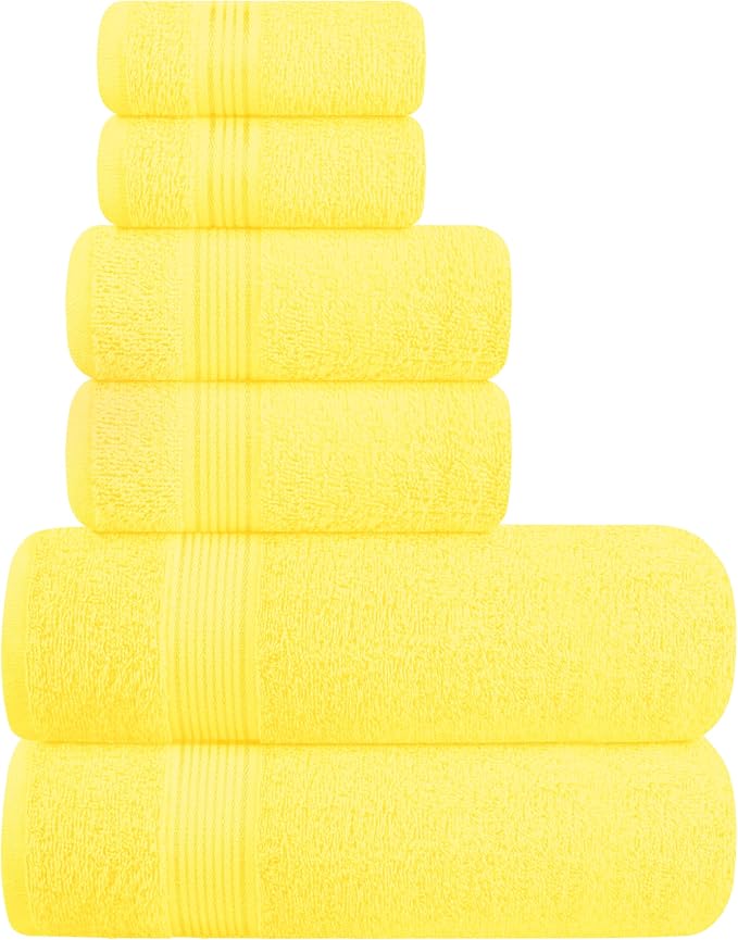 Ultra Soft 6 Pack Cotton Towel Set, Contains 2 Bath Towels 28x55 inch, 2 Hand Towels 16x24 inch & 2 Wash Coths 12x12 inch, Ideal for Everyday use, Compact & Lightweight - Yellow