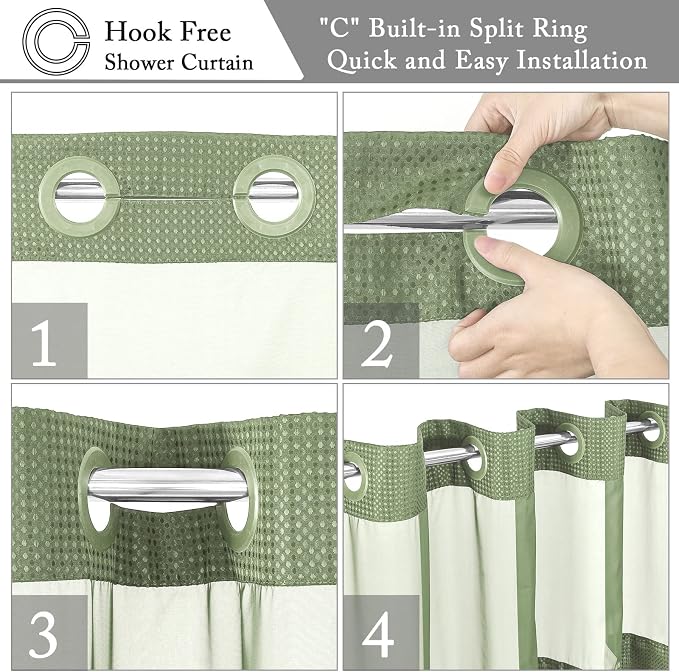 No Hook Cloth Green Shower Curtain with Liner, 36x74 | Snap-in Fabric Liner, Hotel Style with Mesh Top Window, Waterproof Coating, Machine Washable, Rustproof Grommets
