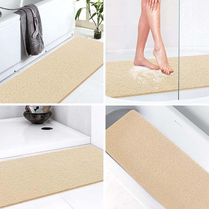 LuxStep Shower Mat Bathtub Mat Non-Slip Bath Mat with Drain, Quick Drying | 47x16 inch PVC Loofah Bathmat for Tub,Shower,Bathroom,Khaki