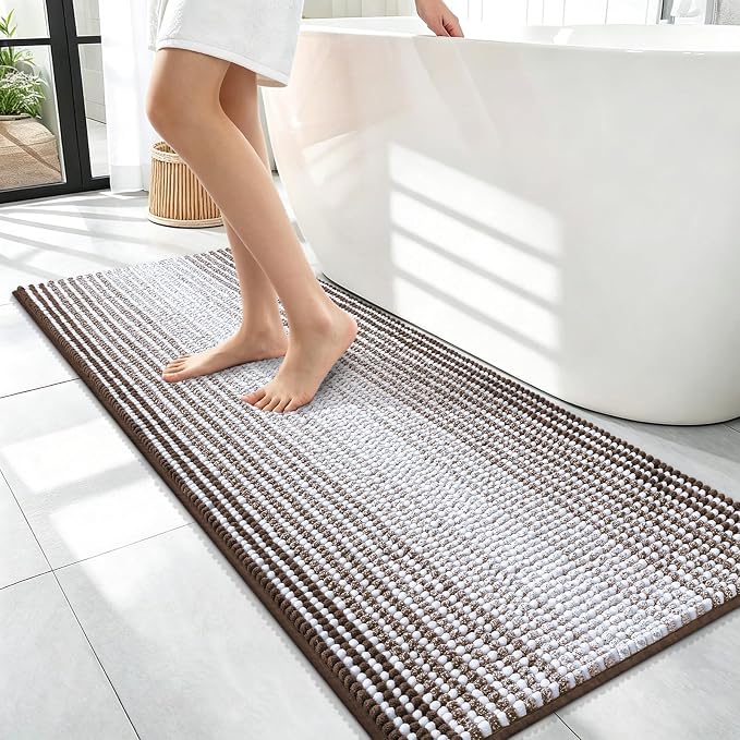 OLANLY Bathroom Runner Rugs 47x17, Soft Chenille Striped Bath Rugs, Brown | Extra Absorbent, Rubber Backing, Machine Wash Dry, Bath Mats for Bathroom Floor, Tub and Shower, Home Decor Accessories