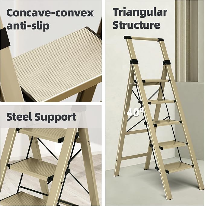 HillhutApex Aluminum 5 Step Ladder, Step Stool Foldable Ladder(Gold) | Stepladder with Handgrip,Anti-Slip Pedals,330lbs Capacity,Lightweight Folding Ladder for Home,Office,Libaray