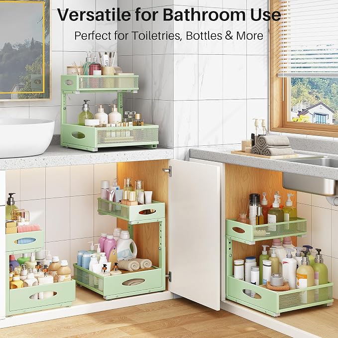 Under Sink Organizer, 2 Pack 2 Tier Pull Out Under Cabinet Organizer Shelf with Pad for Framed Cabinets, Metal Slide Out Under Sink Storage, Mesh Sliding Drawers for Kitchen Bathroom Laundry, Green