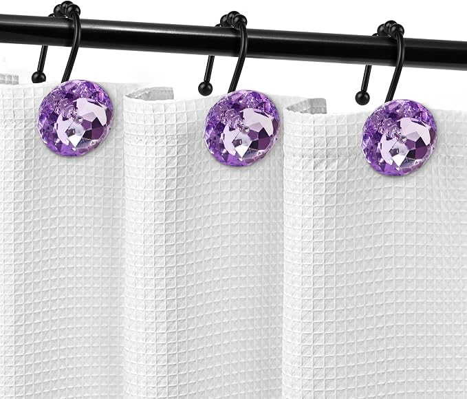 Sunlit Luxury Design Round Purple Diamond Crystal Gem Bling with Glide Balls Shower Curtain Hooks, Rust Proof Metal Rhinestones Glam Shower Curtain Rings with Black Hooks, Set of 12