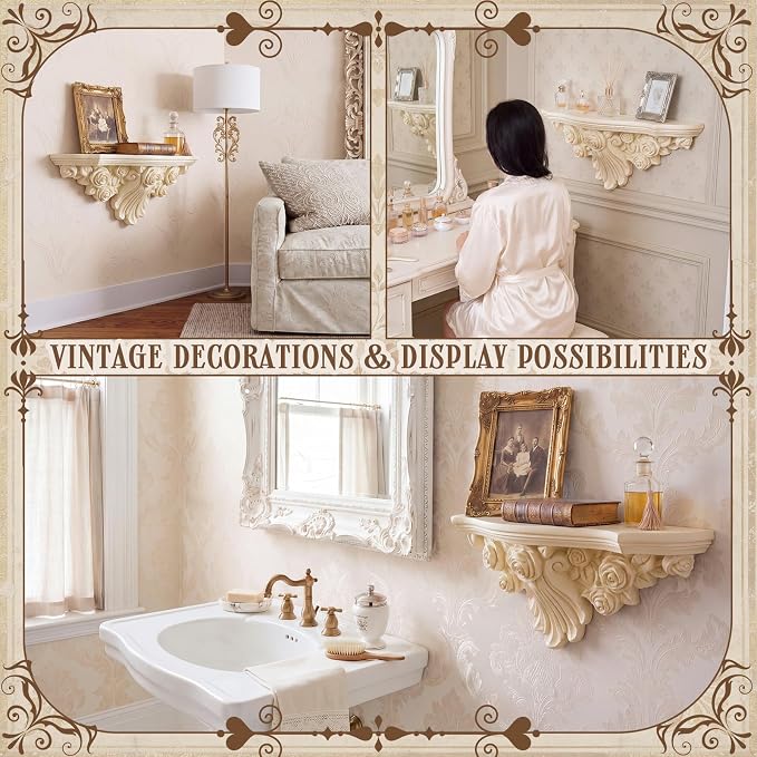 Pinkunn 17" Vintage Antique White Floating Wall Shelf | French Country Style Fleur De Lis Victorian Baroque Decorative Ledge, Gothic Wall Decor for Living Room, Bedroom & Entryway