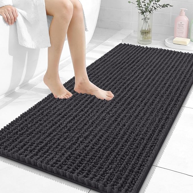 OLANLY Bathroom Runner Rugs 47x24, Thick Soft Absorbent Chenille Bath Rugs | Dark Grey, Quick-Drying Rubber Backing, Long Shaggy Bath Mat, Washable for Floor, Tub and Shower, Home Decor Accessories