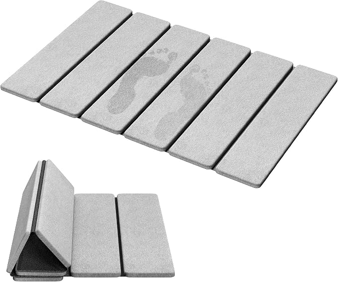 Luxspire Stone Bath Mat, Stone mat Bathroom Foldable 24x16 in, Light Gray | Quick & fast drying diatomaceous earth, Non-slip rubber base, Easy-clean surface for bathroom floor & kitchen counter