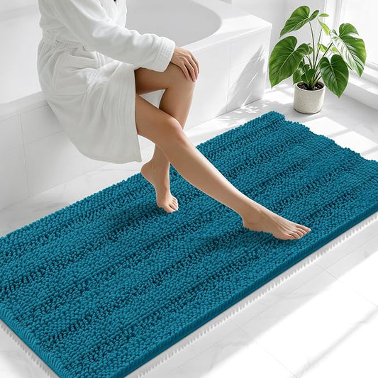 Smiry Thick Chenille Bathroom Runner Rugs 59x24, Bath Mat, Peacock Blue | Quick‑Dry & Machine Washable, Non‑Slip Bath Carpet, Soft Striped Bath Rugs for Tub & Shower, Modern Home Decor Accessories