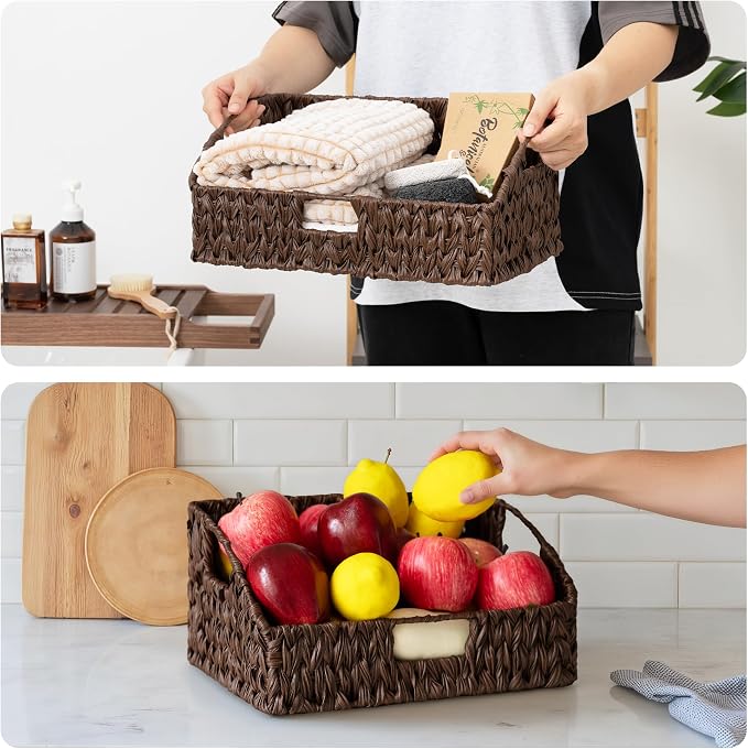 GRANNY SAYS Wicker Storage Baskets, Trapezoid Woven Baskets for Storage | Wicker Storage Baskets for Pantry, Open Front Basket for Shelves, Kitchen Storage Baskets, Decorative Basket for Home Decor