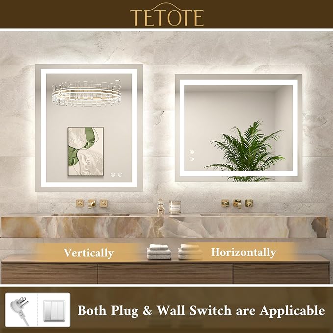 60 x 28 LED Lighted Bathroom Mirror with Lights, Brighter Front and Backlit Light up Mirror for Bathroom Vanity Wall, 3-Color Dimmable Illuminated Antifog Mirror, Waterproof, Tempered Glass