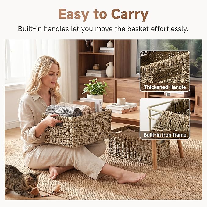 StorageWorks Wicker Storage Baskets,Natural Seagrass Storage Baskets,2-Pack | Seagrass Baskets for Storage, Seagrass Woven Storage Baskets with Built-i Handles, Decorative Woven Baskets for Storage