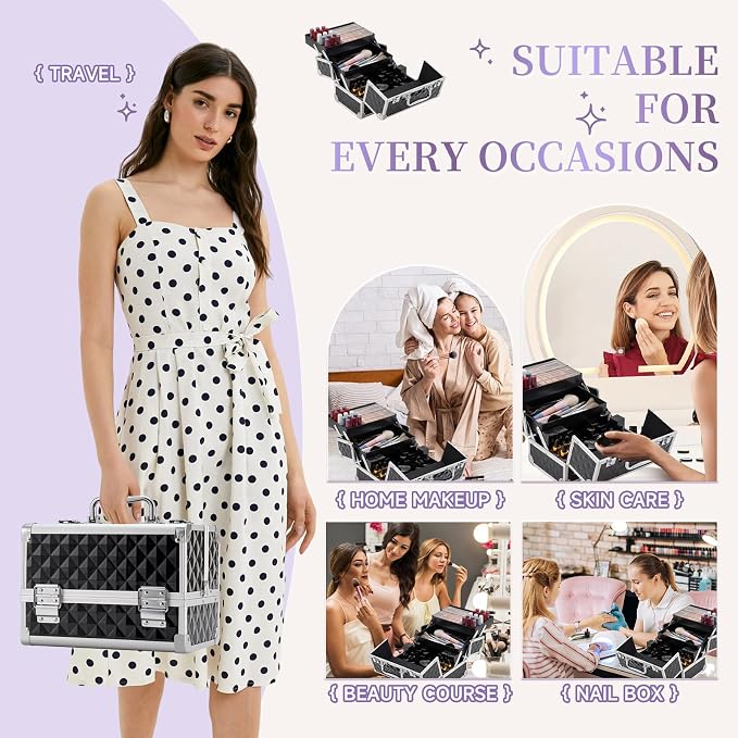 Leeora&Leekoo Makeup Train Case Cosmetic Box Portable Makeup Case Organizer 2 Trays Makeup Storage for Cosmetologist Aesthetic Supplies Nail Tech Traveling Makeup Box (Watercube)