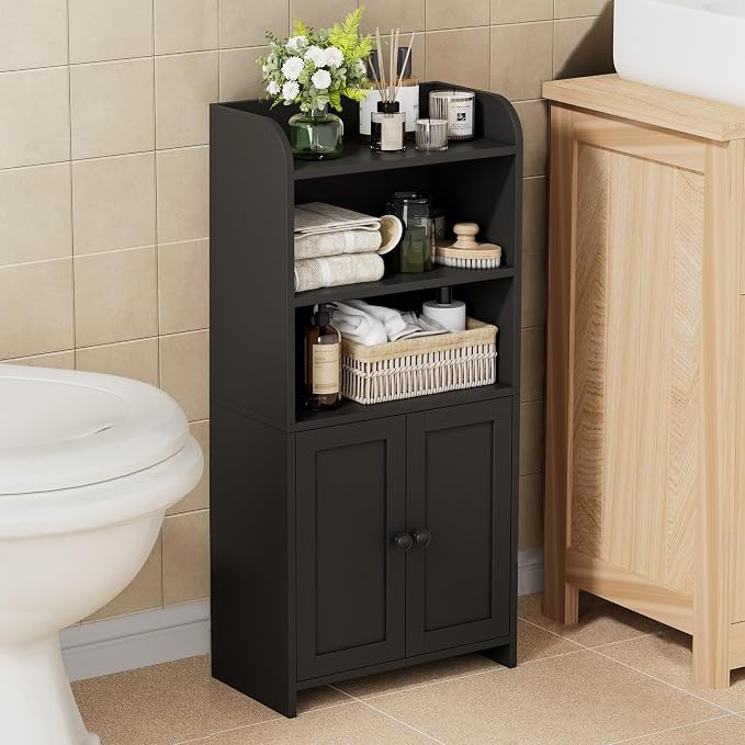 Homhedy Small Bathroom Storage Cabinet, Toilet Paper Storage Cabinet | Bathroom Floor Cabinet with Doors and Shelves, Bathroom Organizers for Small Spaces, 7.9" D x 14.6" W x 31" H, Black