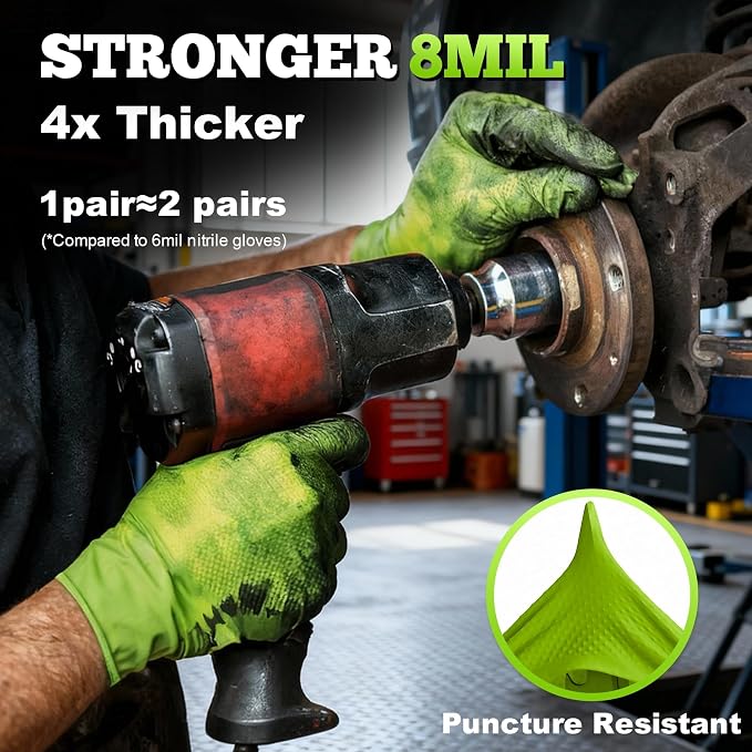Heavy Duty Industrial Nitrile Gloves with Raised Diamond Texture, 8-mil, Latex Free (Green/Dark Green/Yellow)