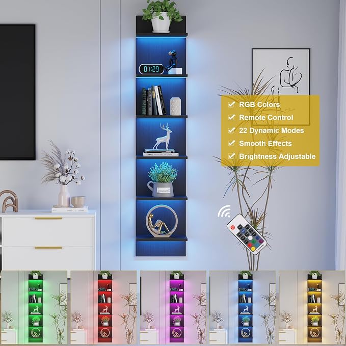 Qupui 6-Tier Wall Shelf with LED Remote, 57" Floating Storage, Black | RGB 22 Modes 6 Brightness. Remote Control. Waterproof Particleboard. 6 Tiers For Storage And Display. For Bedroom