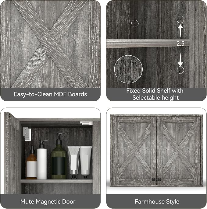 YOURLITE Laundry Cabinet, Medicine Cabinet, Bathroom Kitchen Storage Wall Mounted Farmhouse Organizer with Shelves Over Toilet, One Set of 2 Pieces X 24", Grey