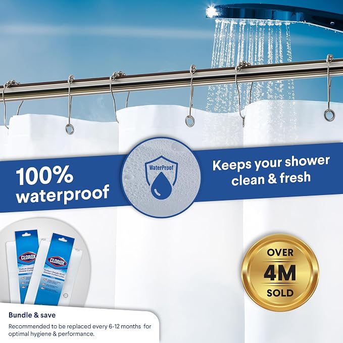 Clorox Shower Curtain Liner, Premium Medium-Weight Durable Waterproof 6g PEVA for Bathroom with Weighted Magnets, Standard Size 72" x 72", Frosty 2 Pack