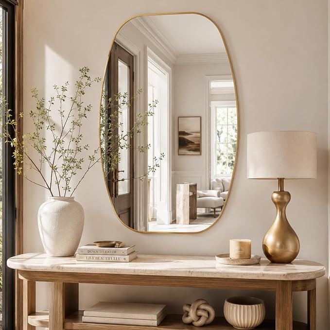 Matte Gold Capsule Bathroom Mirror, 24x36 Inch | Aluminum alloy frame, muted vintage gold tone, tempered glass, two-way mount for dressing space