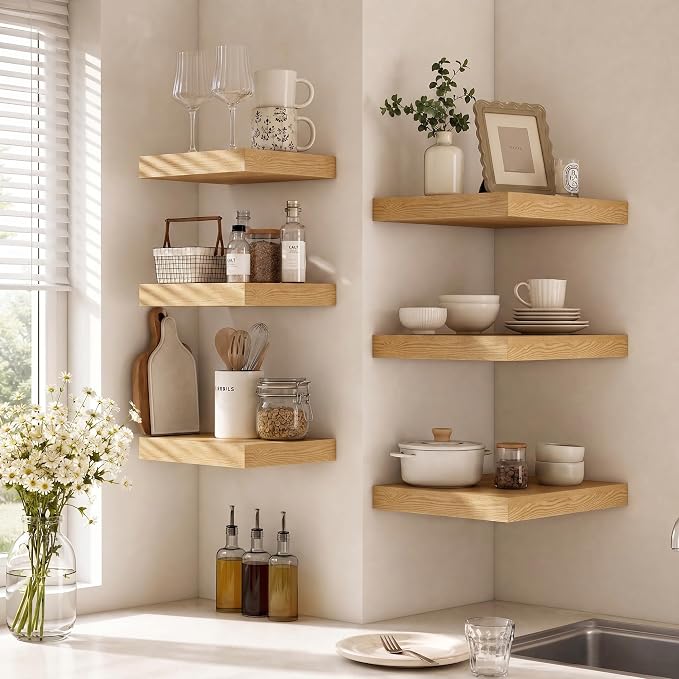 Deep Floating Shelves for Wall, 12 Inch Wide Small Wall Shelves Set of 2, 2 Inch Thick Invisible Wall Mounted Shelves for Bathroom Bedroom Nursery,Oak Color