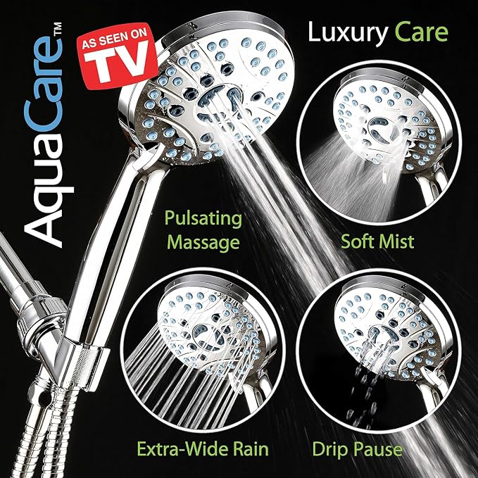 AquaCare 8-mode High Pressure Handheld Shower Head with 2-mode Power Wash | Stay Clean Nozzles, Dual Power Wash for Tub, Tile & Pets, Long 6 ft. Stainless Steel Hose, Wall & Overhead Brackets / Chrome