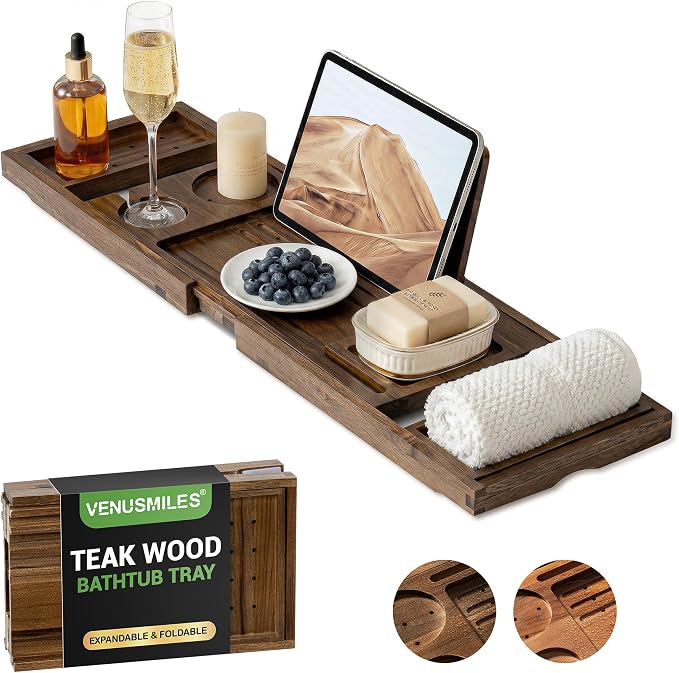 Teak Bathtub Tray Caddy, Foldable Bath Tray with Expandable Handles, Wine Glass and Phone Holders, Book Stand, for Home Spa Relaxation, Luxury Bathroom Accessories - Dark Walnut Color