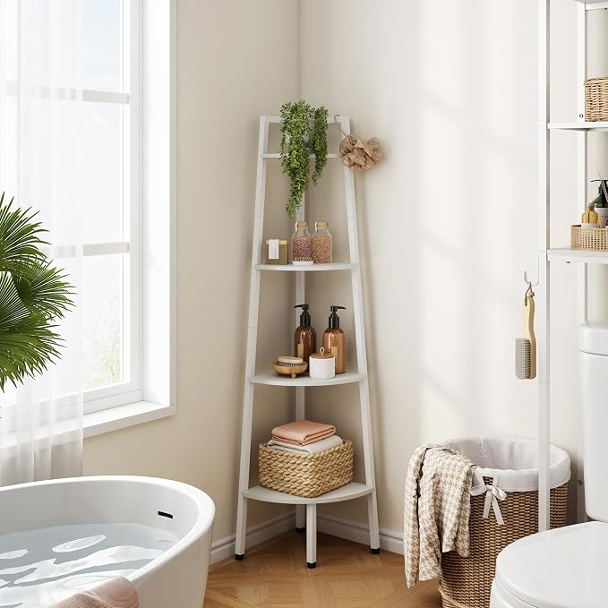 Hoctieon Corner Shelf, 4-Tier Corner Bookshelf, Rustic Corner Ladder Shelf, Industrial Display Shelf for Living Room, Kitchen, Home Office, Balcony, Small Space, Metal Frame, White