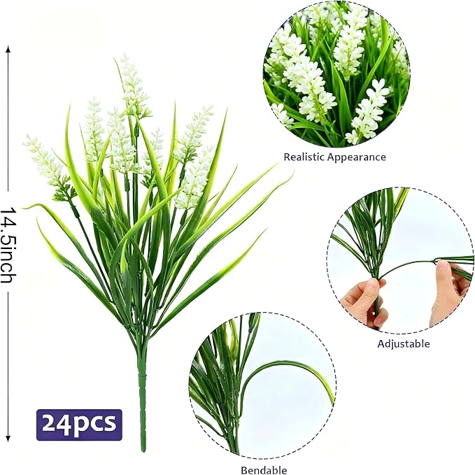 Geegoods 24 Bundles White Artificial Plants Flowers Outdoor, UV Resistant | Faux Plants with Monkey Grass, Realistic Plastic Flowers for Garden Porch Window Box Patio Hanging Planter Decor