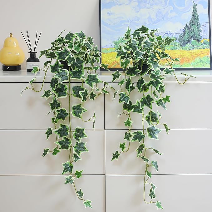 Fake English Ivy Plants in Pots Set of 2 – Realistic Artificial Ivy Greenery for Home Decor, Tabletop, Office, Shelf, Balcony, Lifelike Faux Hanging Vines, No Maintenance Required - White and Green