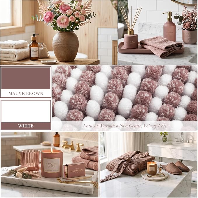 Bathroom Rugs and Mats Sets, 2 Piece Thick Absorbent Chenille Bath Mat Rug Set Non Slip, Soft Shaggy Bath Room Floor Mats for Bathroom, Machine Washable (20" x 32" Plus 16" x 24",Mauve Brown)