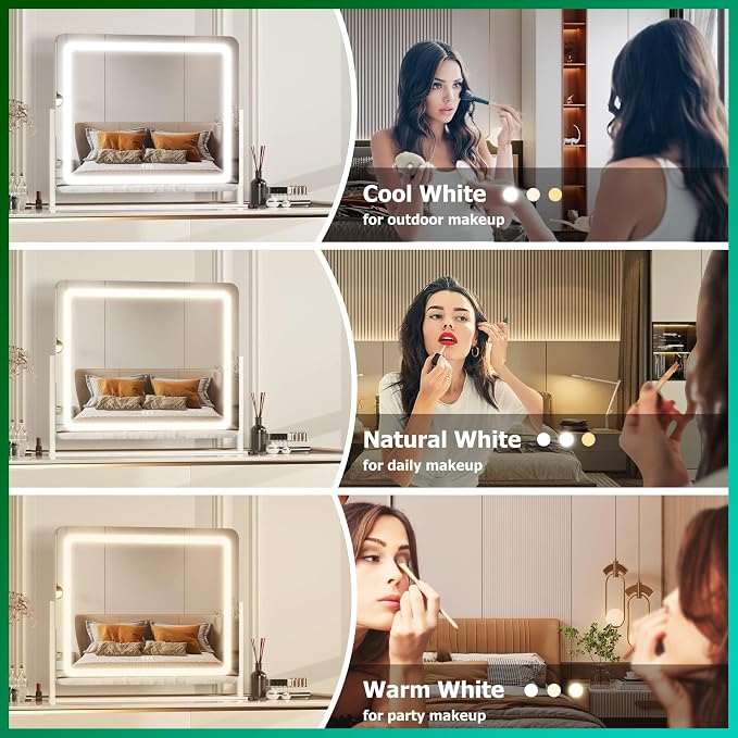 Hasipu Vanity Mirror with Lights, 24.2" x 20" LED Make up Mirror, Light up Mirror with 10X Magnification, Smart Touch 3 Colors Dimmable, Brightness Adjustment, 360° Rotation (White)
