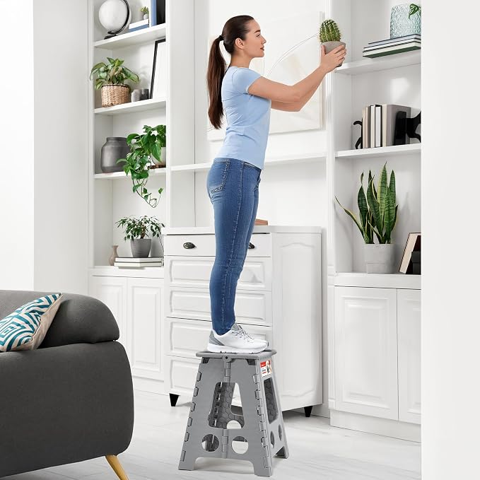 16 Inch Folding Step Stool, Heavy Duty, 400 lbs, Grey | Lightweight Collapsible Stepping Stool for Adults with Handle, Non-Slip, for Kitchen, Bathroom, Bedroom and Outdoor Use