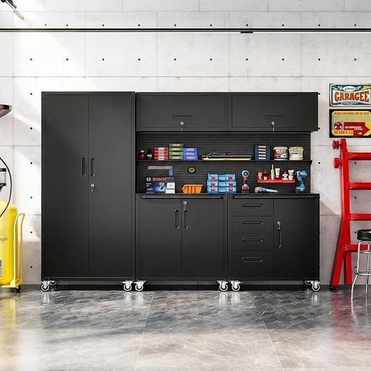 Garage Storage Cabinet System,Wall Cabinet & Locking Rolling Tool Cabinet with Doors and Adjustable Shelves